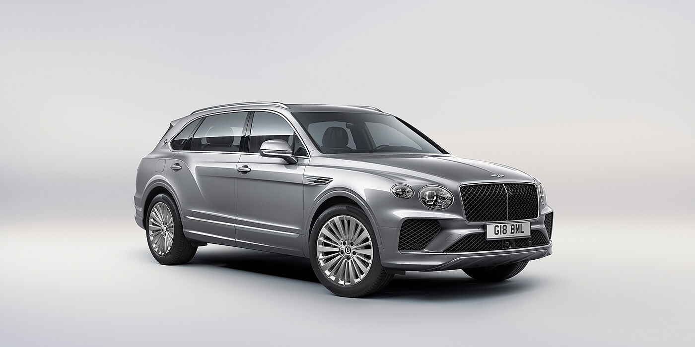 Bentley Glasgow Bentley Bentayga Extended Wheelbase luxury SUV front three quarter view in Moonbeam paint with 21 inch five spoke painted wheels
