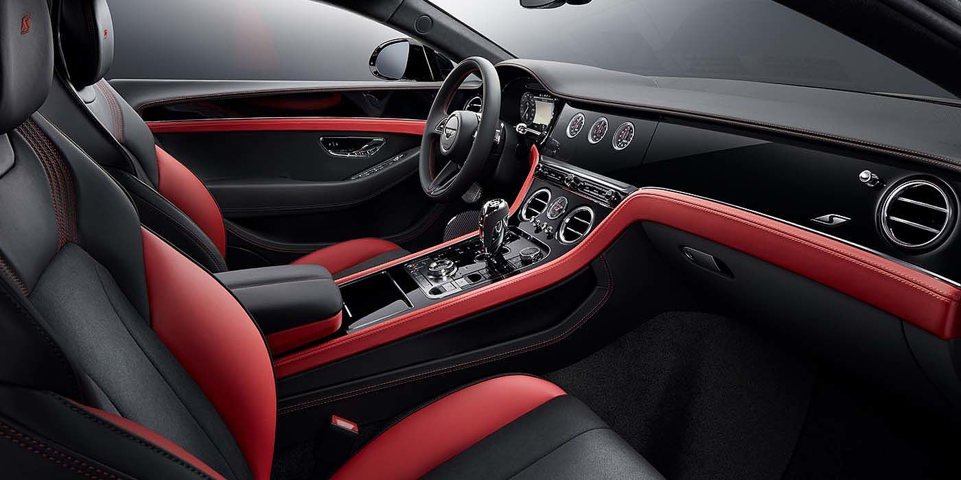 Bentley Glasgow Bentley Continental GT S coupe front interior in Beluga black and Hotspur red hide with high gloss Carbon Fibre veneer