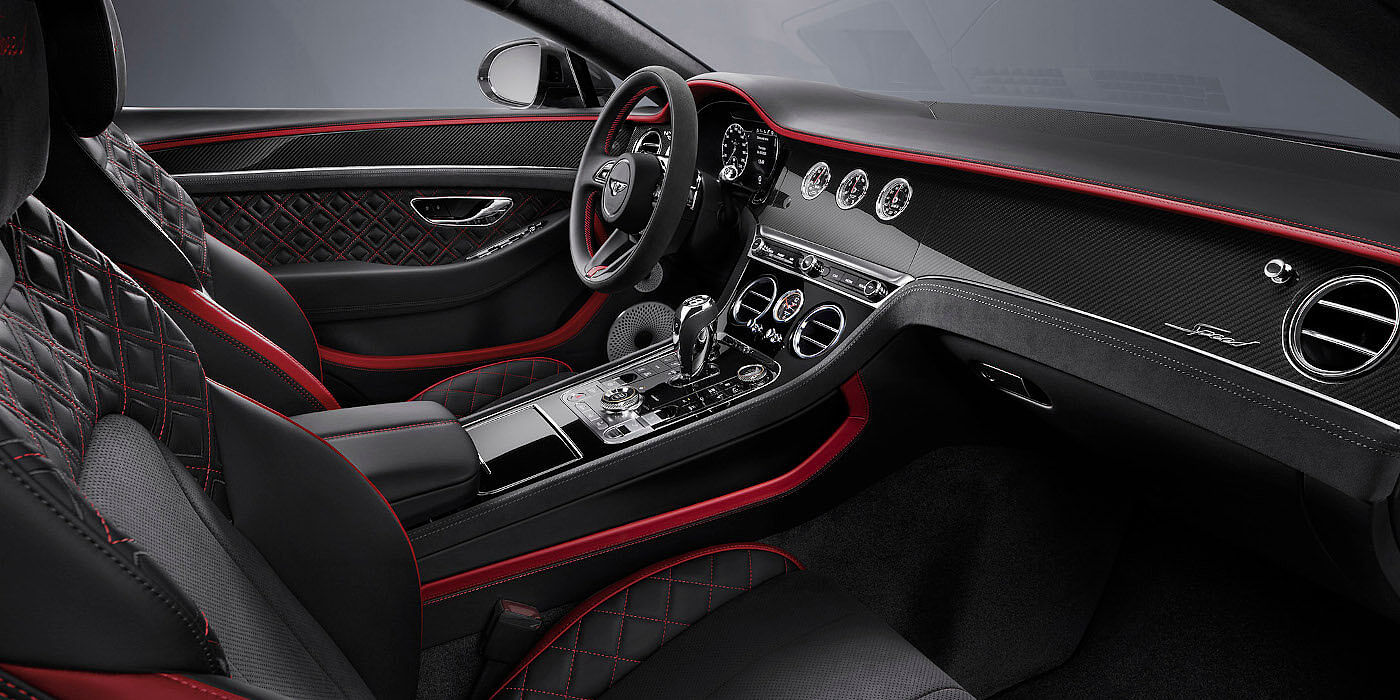 Bentley Glasgow Bentley Continental GT Speed coupe front interior in Beluga black and Hotspur red hide
