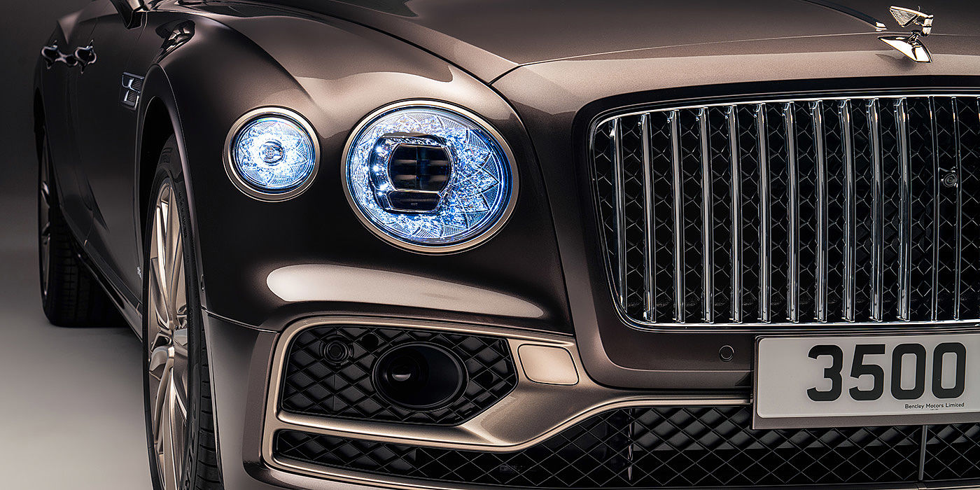 Bentley Glasgow Bentley Flying Spur Odyssean sedan front grille and illuminated led lamps with Brodgar brown paint
