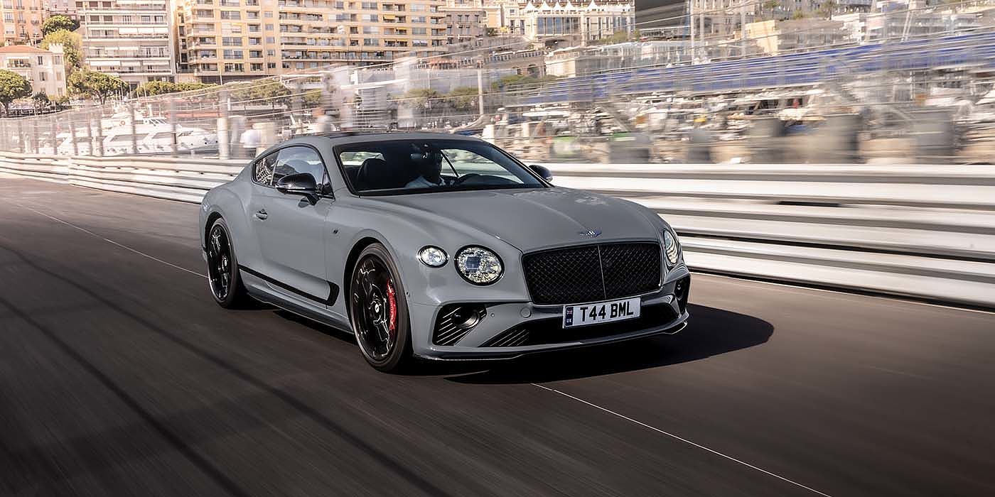 Bentley Glasgow Bentley Continental GT S coupe in Cambrian Grey paint front 34 dynamic driving on track