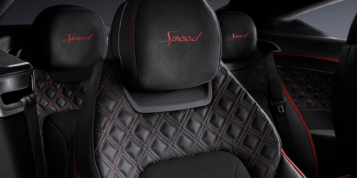 Bentley Glasgow Bentley Continental GT Speed coupe seat close up in Beluga black and Hotspur red hide