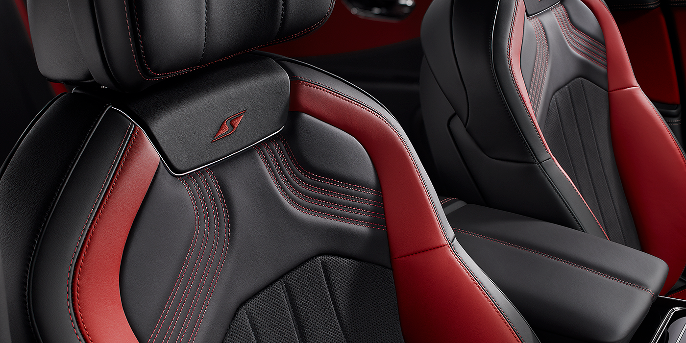 Bentley Glasgow Bentley Flying Spur S seat in Beluga black and hotspur red hide with S emblem stitching