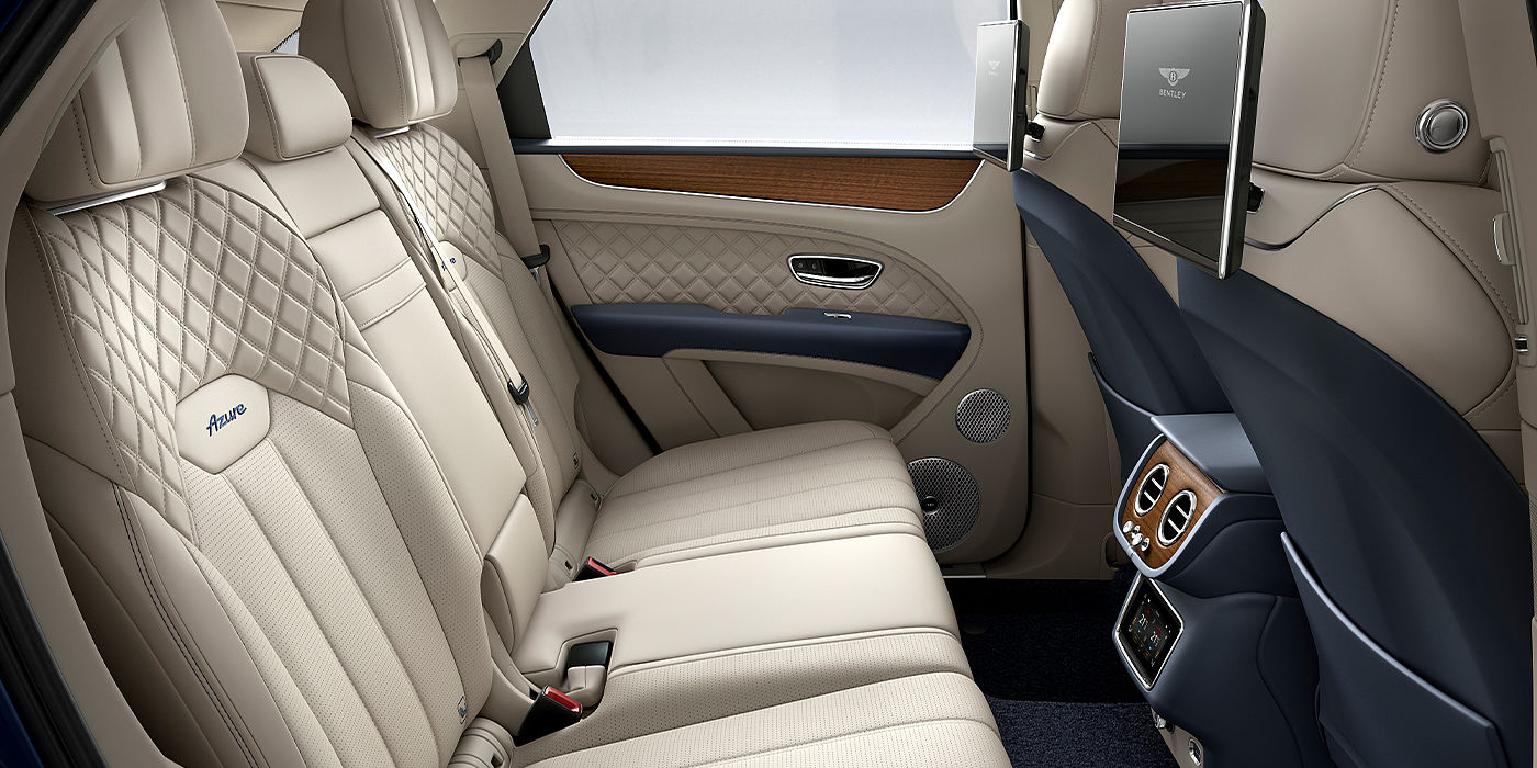 Bentley Glasgow Bentley Bentayga Azure SUV rear interior in Imperial Blue and Linen hide