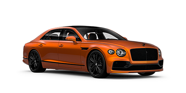 Bentley Glasgow Bentley Flying Spur Speed front side angled view in Orange Flame coloured exterior. 