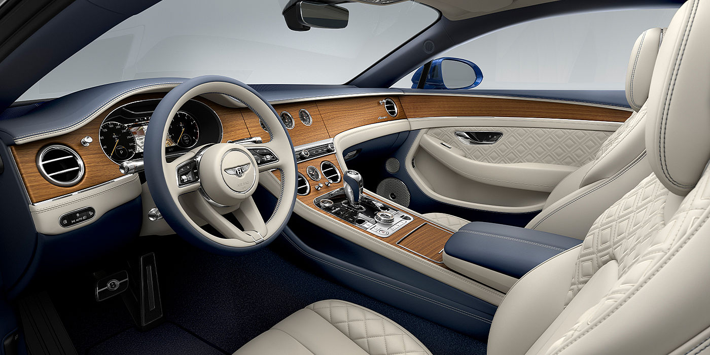 Bentley Glasgow Bentley Continental GT Azure coupe front interior in Imperial Blue and linen hide