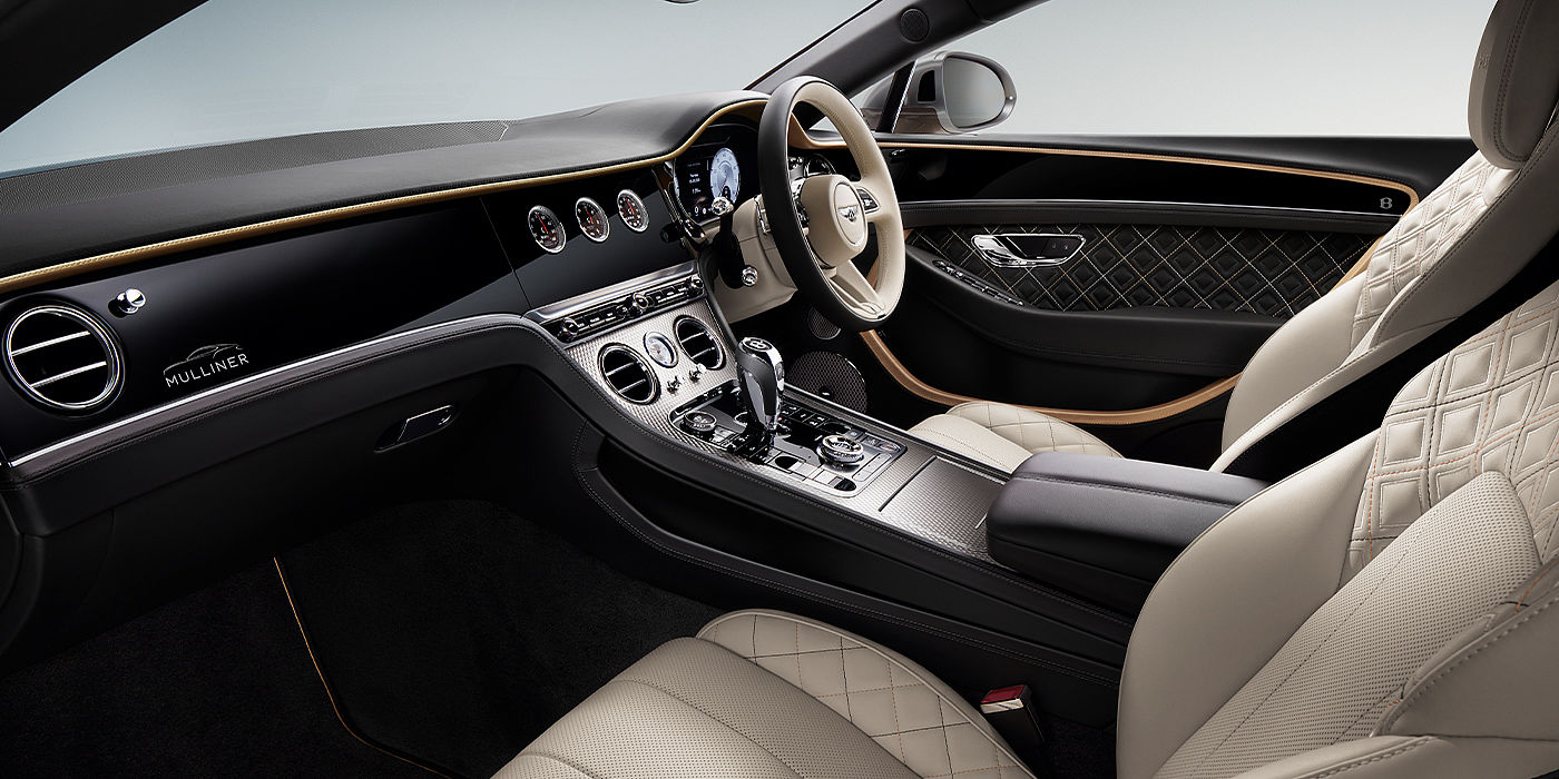 Bentley Glasgow Bentley Continental GT Mulliner coupe front interior in Beluga black and Linen hide