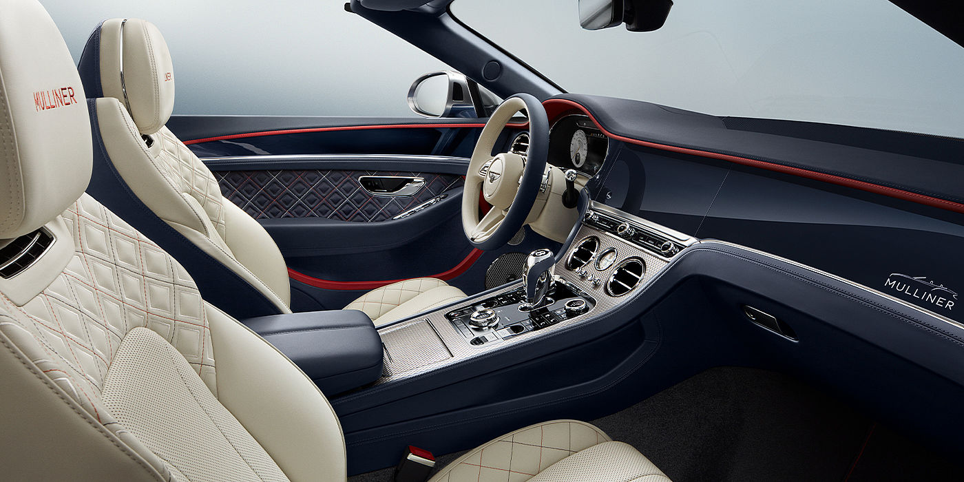 Bentley Glasgow Bentley Continental GTC Mulliner convertible front interior in Imperial Blue and Linen hide