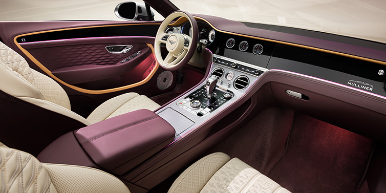 Bentley Glasgow Bentley Continental GTC Mulliner convertible front interior including Linen and Damson purple hides and Grand Black veneer